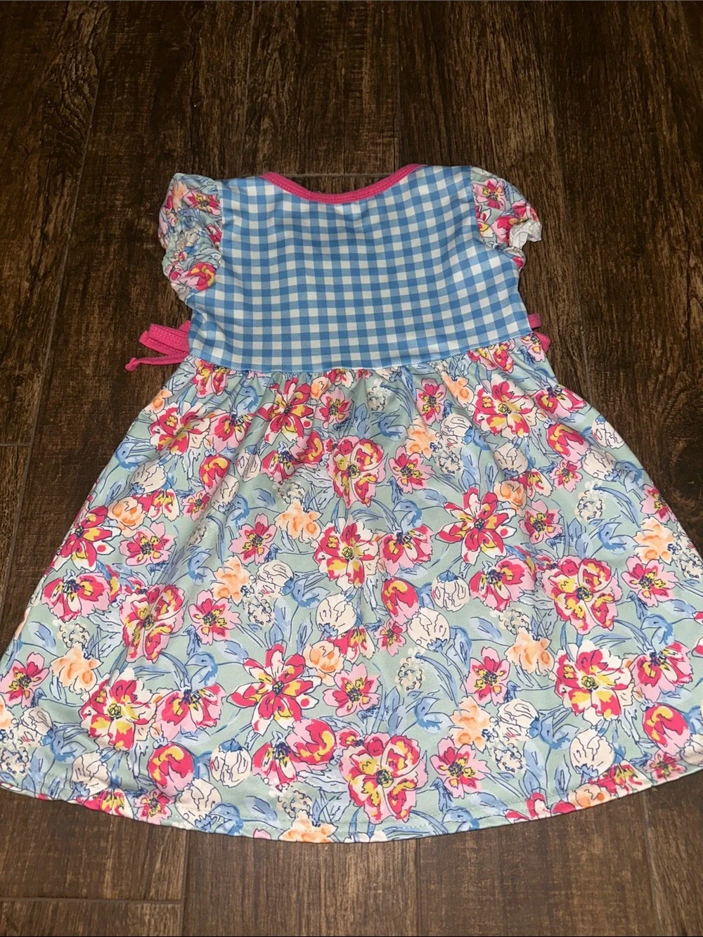 Girls Blue Gingham & Pink Floral Dress